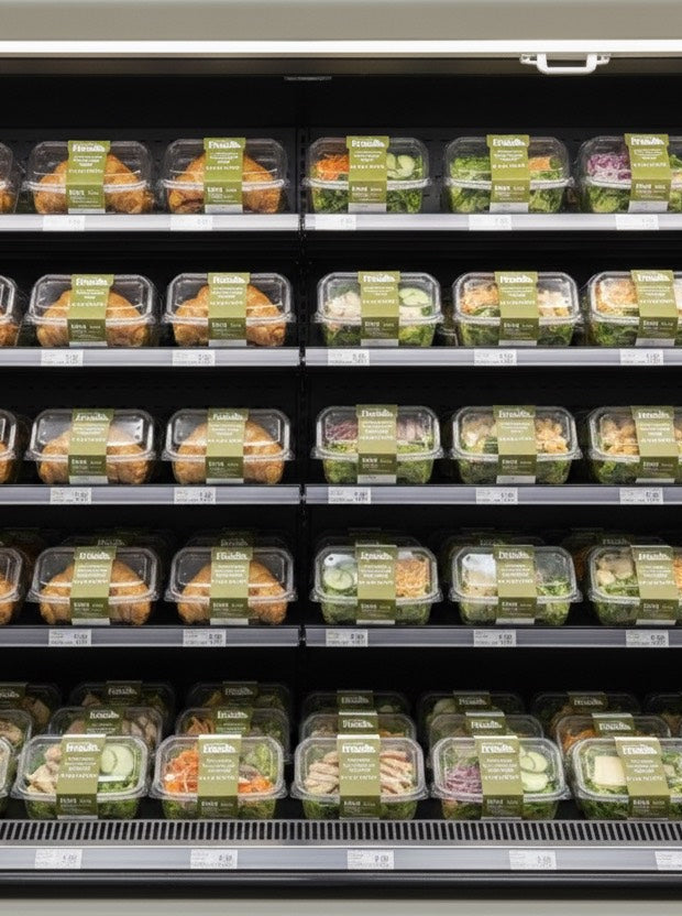 Shelving unit with pre-packaged food items in a store setting